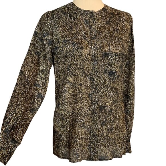 Brown 100% Silk Blouse Sz.6 All-Over Animal Print 100% Long Sleeve Button Up 90s - Picture 4 of 14